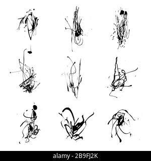 Elegante set vettoriale di schizzi d'inchiostro Blots collezione di schizzi. Elemento di design grunge, sfondo disordinato. Vettore tracciato manualmente di alta qualità Illustrazione Vettoriale