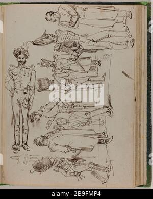 LIBRO DI DISEGNO PER 'VIAGGIO PER L'ETERNITÀ': TIPO POLIZIA MILITARE JEAN-JACQUES GRANDVILLE (1803-1847). Carnet de croquis pour 'Voyage pour l'Eternité': Tipi militaires, policiers. Plume et encre brune. Vers 1830. Parigi, musée Carnavalet. Foto Stock