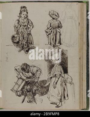 SKETCH BOOK PER I TIPI "VIAGGIO PER L'ETERNITÀ" JJ GRANDVILLE (1803-1847). Carnet de croquis pour 'Voyage pour l'Eternité': Tipi. Plume et encre brune sur traits au crayon. Vers 1830. Parigi, musée Carnavalet. Foto Stock