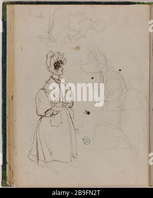LIBRO DI DISEGNO PER 'VIAGGIO PER L'ETERNITÀ': TIPICO, ELEGANTE Jean-Jacques Grandville (1803-1847). Carnet de croquis pour 'Voyage pour l'Eternité': Tipi, élégantes. Plume, encrre brune et crayon. Vers 1830. Parigi, musée Carnavalet. Foto Stock