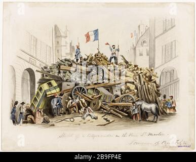 Barricata in Rue Saint-Martin 25 febbraio 1848, 3° e 4° arrondissement James Duffield Harding (1797-1863). Révolution française de 1848. 'Barricade dans la rue Saint-Martin. Parigi (IIIème et IVème arr.), 25 février 1848. Crayon et aquarelle. Parigi, musée Carnavalet. Foto Stock