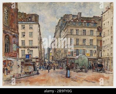 Old Hotel-Dieu, la Rue du Petit-Pont e la rue Saint-Jacques, visto da Place du Petit Pont nel 1907. 5 ° arrondissement (fittizio) | Parigi. Rue du Petit-Pont e St. Jacques (titolo registrato (lettera)) Foto Stock