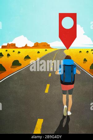 Mappa pin icona sopra woman backpacking sul deserto remoto road Foto Stock