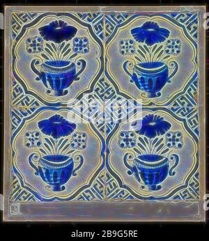 Piastrella quadrata campo, quattro piastrelle, decorazioni floreali, blu su bianco, vaso cinese in parentesi graffe con meandri, piastrelle in campo tile parete piastrella ceramica scultura in terracotta, smalto cotto 2x verniciato satinato Foto Stock