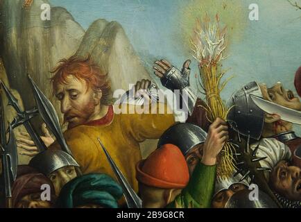 Judas Iscariot con i 30 pezzi d'argento raffigurati nel quadro 'arresto di Gesù' dal Maestro della Passione di Karlsruhe (1450-1455) in mostra nella Staatliche Kunsthalle Karlsruhe (Galleria d'Arte di Stato) a Karlsruhe, Baden-Württemberg, Germania. Foto Stock