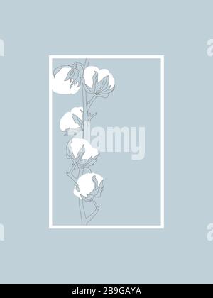 Linea Cotton Branch Vector Design su Blue. Delicate Line ART in Frame. Illustrazione Vettoriale