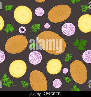 Patate intere e fette di patate isolate su sfondo scuro. Tubero di patate non sbucciate con foglie di prezzemolo e fetta di cipolla. Illustrazione vettoriale Illustrazione Vettoriale