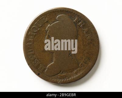 Pezzo di una decimatrice, anno V (1797) Augustin Dupré (1748-1833)Pièce d'un décime, un V (1797). Cuivre, 1797. Musée Carnavalet, Histoire de Paris. Foto Stock