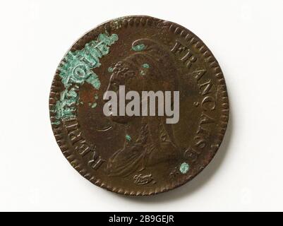 Pezzo di una decimatrice, anno V (1797) Augustin Dupré (1748-1833)Pièce d'un décime, un V (1797). Cuivre, 1797. Musée Carnavalet, Histoire de Paris. Foto Stock