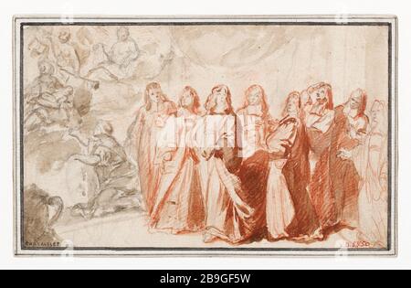 Disegno per la decorazione di City Hotel allegoria per la nascita del Duca di Borgogna (padre di Luigi XV) nel febbraio 1682 François de Troy (1645-1730). "Esquisse pour la décoration de l'Hotel de Ville : allégorie pour la naissance du duc de Bourgogne (père de Louis XV) en février 1682". Pierre noire, sanguine et lavis de bistre, rehuts de blanc. Parigi, musée Carnavalet. Foto Stock