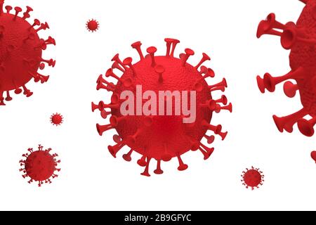 Rappresentazione 3D di coronavirus in colore rosso isolato su sfondo bianco Foto Stock