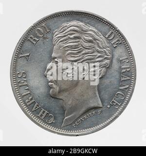 Test uniface per il pezzo da 5 franchi di Charles X, 1828 Peuvrier. Sesai uniface pour la pièce de 5 franchi de Carlo X, 1828. Estain, 1828 Parigi, musée Carnavalet. Foto Stock