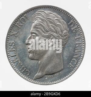 Test uniface per il pezzo da 5 franchi di Charles X, 1828 Gayrard, L. Essai uniface pour la pièce de 5 franchi de Charles X, 1828. Estain, 1828 Parigi, musée Carnavalet. Foto Stock