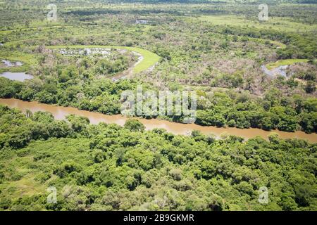 Sobrevôo sobre o Pantanal sulmatogrossense - Rio Miranda, planície inundada e meandros abandonados. Vola sul Pantanal Sulmatogrossense, abbandono Foto Stock