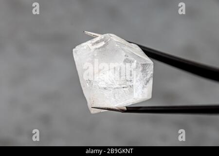 Diamante grezzo dob grande tenuto da pinzette di fronte ad una superficie grigia Foto Stock