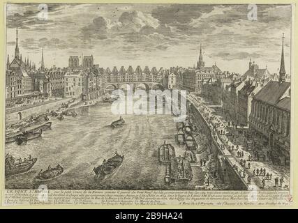 PONTE ST MICHEL SU PICCOLO SOPRA IL FIUME ... Adam Perelle (1640-1695). 'Le Pont St Michel sur le petit Cours de la rivière ....'. Eau-forte, vers 1710. Parigi, musée Carnavalet. Foto Stock