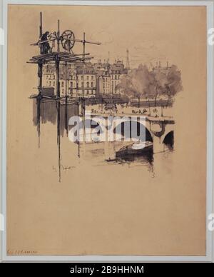 VISUALIZZA PONTE NUOVO, LAVORI SULLA SENNA EUGÈNE BÉJOT (1867-1931). 'Vue du Pont-Neuf, travaux sur la Seine'. Au 1er plan : ouvriers sur un échafaudage. Parigi, musée Carnavalet. Foto Stock