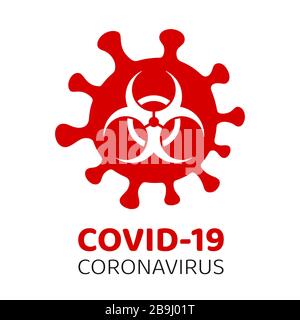 Covid-19 icona di attenzione e avvertenza di Coronavirus. Covid-19 cartello di avvertenza per i pericoli biologici. Focolaio di coronavirus. Simbolo epidemico e pandemico. Vettore isolato. Illustrazione Vettoriale