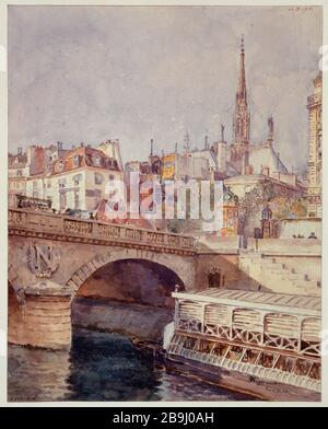 Il Pont Saint-Michel François Max Bugnicourt (1868-?). Le pont Saint-Michel. Parigi (VIème arr.), 1801-1900. Aquarelle sur papier cartonné crème. Parigi, musée Carnavalet. Foto Stock