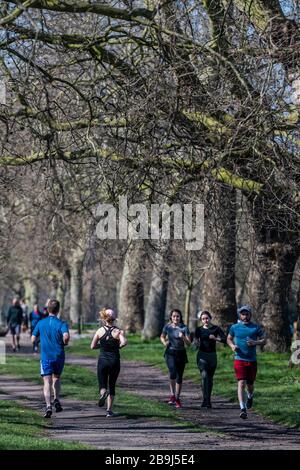 Clapham Common, Londra, Regno Unito. 24 Marzo 2020. Joggers mescolare con gli escursionisti - la gente esce sul Clapham comune per ottenere i loro giorni di esercizio in - la maggior parte pratica sociale a distanza, ma è quasi occupato come un normale giorno di primavera. Il primo giorno dell'epidemia di "blocco" a Clapham - Anti Coronavirus (Covid 19) a Londra. Credit: Guy Bell/Alamy Live News Foto Stock