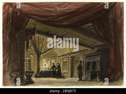 PROGETTO PER LA DECORAZIONE Michel Strogoff, DRAMMA E JULES VERNES Adolphe D'ENNERY, LA CREE 17 novembre 1880 THEATRE DU CHATELET (ATTO V, scena 1) Philippe Chaperon (1823-1907). "Projet de décor pour Michel Strogoff, drame de Jules Vernes et Adolphe d'Ennery, créé le 17 novembre 1880 au théâtre du Châtelet (acte V, Scène 1)". Aquarelle et gouache. Parigi, musée Carnavalet. Foto Stock