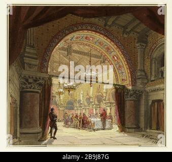 PROGETTO PER LA DECORAZIONE MACBETH, DRAMMA JULES LACROIX DOPO SHAKESPEARE, IL 31 OTTOBRE 1884 TEATRO DELL'ODEON (ATTO III) PHILIPPE CHAPERON (1823-1907). "Projet de décor pour Macbeth, drame de Jules Lacroix d'après Shakespeare, repris le 31 octobre 1884 au théâtre de l'Odéon (acte III)". Aquarelle et gouache. Parigi, musée Carnavalet. Foto Stock