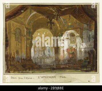 PROGETTO DI DECOR PER L'OPERA AFRICANA GIACOMO MEYERBEER, HA CREATO LA SALA PELETIER 28 APRILE 1865 (ATTO I) PHILIPPE CHAPERON (1823-1907). "Projet de décor pour l'Africaine, opéra de Giacomo Meyerbeer, créé salle le Peletier le 28 avril 1865 (acte i)". Gouache. Parigi, musée Carnavalet. Foto Stock
