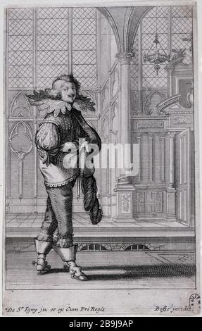 UOMO IN PIEDI, DIRETTO AL GIUSTO PNEUMATICO DEL NOBILE FRANCESE ALLA CHIESA ABRAHAM BOSSE (1602-1676). 'Homme debout, dirigé vers la droite' tiré de 'la Noblesse française à l'église'. Parigi, musée Carnavalet. Foto Stock