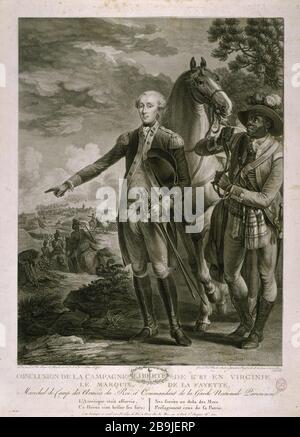 AMERICA - CONCLUSIONE DELLA CAMPAGNA 1781 Louis le Paon (1736-1785). "Conclusione della campagne de 1781 en Virginie - le marquis de la Fayette". Gravure. Parigi, musée Carnavalet. Foto Stock