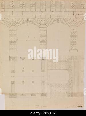 Villa MR Peligot Enghien: Tagli e basi di termini di armadi bagno (anteriore). Charles Rohault de Fleury (1801-1875). Album de 34 dessins d'architecture : Villa de M. Péligot à Enghien : coupés et plan des soubassements des mobiles de bains (recto). Parigi, musée Carnavalet. Foto Stock