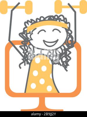 Donne o bambini che giocano sport a casa tramite videoconferenza al computer Illustrazione Vettoriale