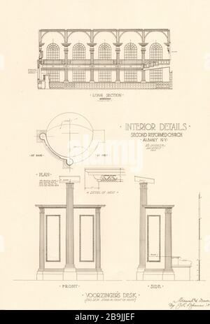 Seconda chiesa riformata, Albany, New York. Scrivania di Voorzinger (questa scrivania si trovava di fronte al pulpito), piano. Disegnato da John L. Dykeman, 1918 (1919) Foto Stock