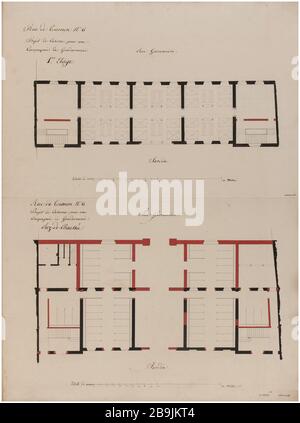 Caserma Street Tournon piano del piano terra e primo piano dell'edificio tra il giardino e la strada Garancière. Charles Rohault de Fleury (1801-1875), dessinateur. Album de 72 dessins d'architecture. Caserne rue de Tournon : plan du rez-de-chaussée et du Premier étage du bâtiment entre le jardin et la rue Garancière. Plume et encre noire, lavis rouge. Parigi, musée Carnavalet. Foto Stock