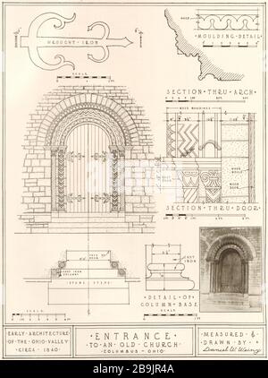 Ingresso e vecchia chiesa, Columbus, Ohio. Primi anni di architettura dell'Ohio, Valley, Circa 1840. Misurato e disegnato da Daniel W. Weiny (1921) Foto Stock