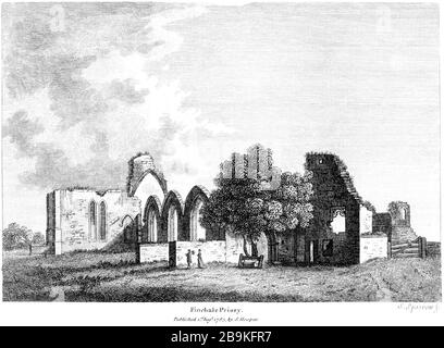 Un'incisione di Finchale Priory 1783 scannerizzato ad alta risoluzione da un libro pubblicato intorno al 1786. Si ritiene che questa immagine sia libera da tutti i diritti d'autore. Foto Stock