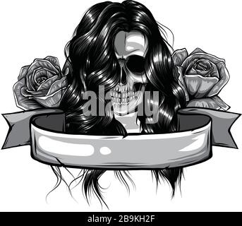 Ragazza con teschio di zucchero d'epoca con rose per Day of the Dead Illustrazione Vettoriale