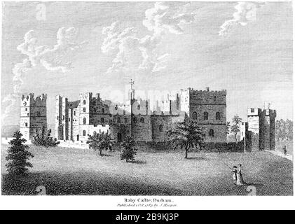 Un'incisione di Raby Castle Durham 1783 scannerizzato ad alta risoluzione da un libro pubblicato intorno al 1786. Si ritiene che questa immagine sia libera da tutti i diritti d'autore. Foto Stock
