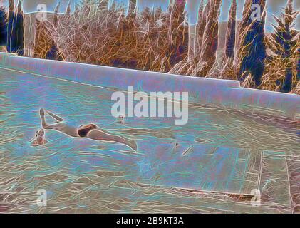 Salomone piscine diventa un picnic & Resort piscina un tuffo dalla zattera di legno. 1940, West Bank, Medio Oriente Foto Stock