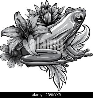 Carino cartoon rana. Cartoon rana seduta con fiore, Vector Illustrazione Vettoriale