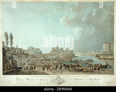 CHARLES MELCHIOR DESCOURTIS - VISTA DI PORT SAN PAOLO PRENDENDO IL PARAPETTO INFERIORE CHARLES MELCHIOR DESCOURTIS (1753-1820). 'Vue du port Saint-Paul pry au bas du parapet'. Gravure. Parigi, musée Carnavalet. Foto Stock