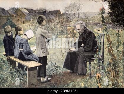 Illustrazione d'epoca del sacerdote cattolico romano che dà l'insegnamento religioso cristiano o il Catechismo ad un gruppo di giovani bambini in Francia 1898 Foto Stock