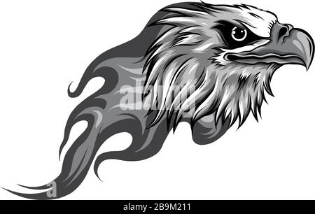 Testa Eagle monocromatica con disegno vettoriale delle fiamme Illustrazione Vettoriale