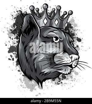 ritratto monocromatico di un leopardo in corona. Può essere utilizzato per la stampa su T-shirt, volantini e materiale. Illustrazione Vettoriale