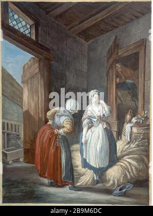 CONTADINO litigato DALLA MADRE Pierre-Antoine Baudoin (d'après). "La Paysanne querellée par sa mère". Gouache sur papier, vers 1765. Parigi, museo Cognacq-Jay. Foto Stock
