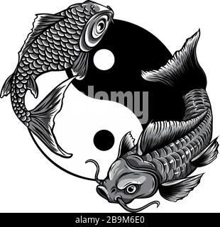 Illustrazione vettoriale Yin Yang Koi monocromatica Illustrazione Vettoriale