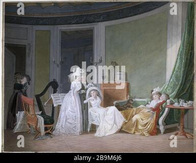 VISITA AI GIOVANI SPOSÒ Jean-Baptiste Mallet (1759-1825). "Visite aux jeunes mariés". Gouache, vers 1795-1800. Parigi, museo Cognacq-Jay. Foto Stock