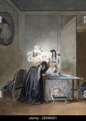 Il ricamatore Jean-Baptiste Mallet (1759-1825). 'La Brodeuse', XVIIIème siècle, gouache sur papier. Parigi, museo Cognacq-Jay. Foto Stock