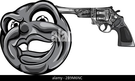 Emoticon monocromatico che punta una pistola sul suo vettore testa Illustrazione Vettoriale