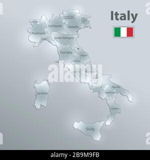 Mappa e bandiera Italia, divisione amministrativa separa le regioni e nomina le singole regioni, design vetro scheda vettore 3D Illustrazione Vettoriale