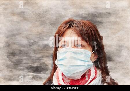 Pittura acquerello di donna che indossa maschera igienica per prevenire il Coronavirus.People in maschere lo scoppio del nuovo virus Corona (2019-nCoV) in Europa Foto Stock